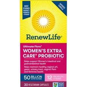 Renew Life® Probiotics Ultimate Flora® Women's Extra Care™ Probiotic, Helps maintain healthy vaginal pH, yeast, urinary tract and feminine health, 50 Billion Active Cultures, 30 Vegetarian capsules